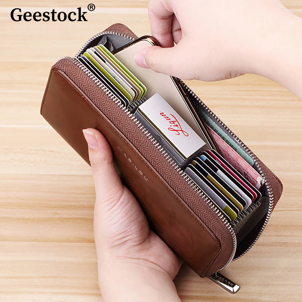 

Geestock Long Zipper Men's Wallets Genuine Leather RFID Anti-theft Card Pouch Women Men Wallet Car Key Phone Bag Coin Purses