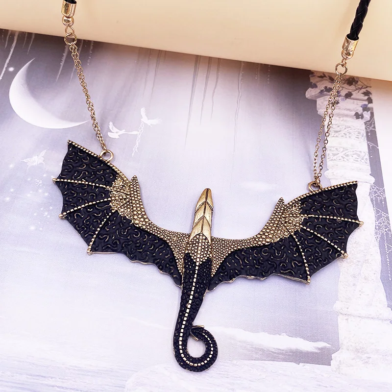 Punk Retro Gothic Jewelry Antique Black Gold Dragon Pendant Necklace Vintage Pterosaur Charm Necklace Women Man Gift Drop Ship images - 6