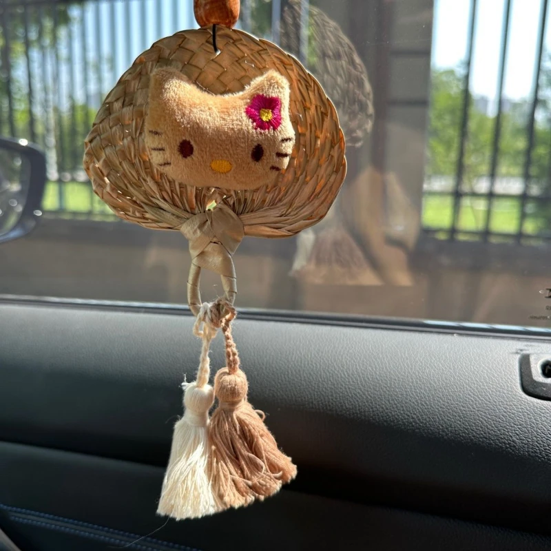 

Creative Sanrio Plush Dark Skin Hello Kitty Cute Handmade Small Cattail Fan Pendant Car Decoration Bag Accessories Ornament