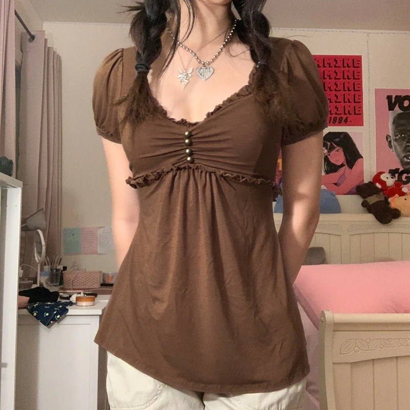 

Y2K Aesthetic Summer Women Ruffle Short-sleeved T-shirt 2000s Vintage Shirring Tee Korean Kawaii Lolita Crop Top Streetwear