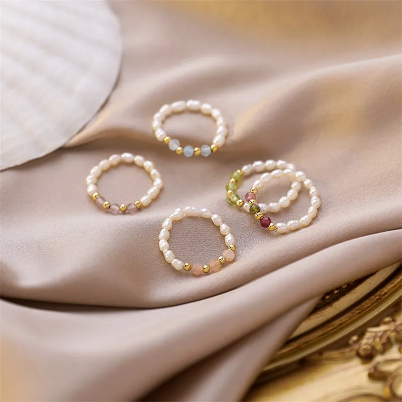 

Multi Beaded Pearl Rings Natural Freshwater Pearl Geometric Rings For Women Continuous Circle Minimalist Stacked Party Rings