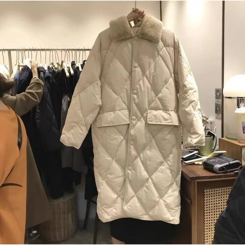 Oversize Parka Mujer Winter Clothes Women Female Warm Rhombus Pattern Fur Collar Cotton Overcoat Long Parkas Casual Thick Coats