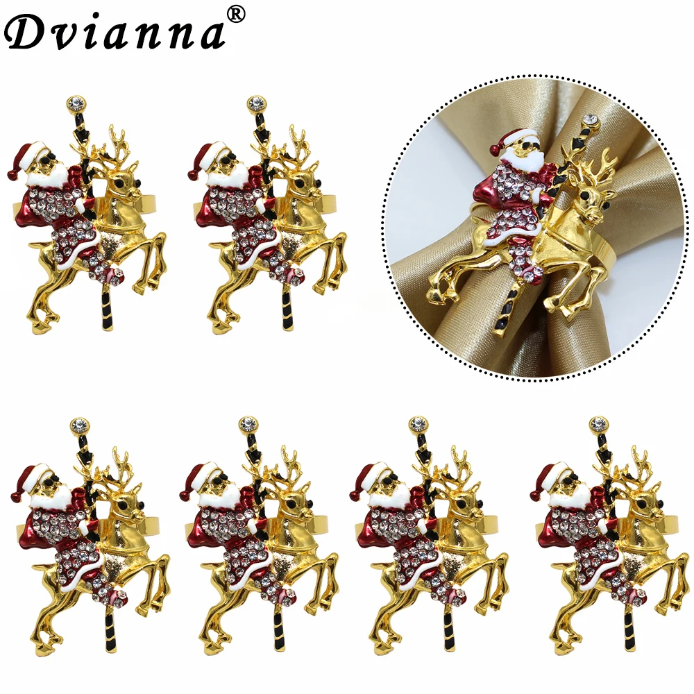 

6Pcs Christmas Napkin Rings Xmas Deer Elk Santa Claus Napkin Holder Metal Serviette Buckle for Christmas Table Decoration HWC86