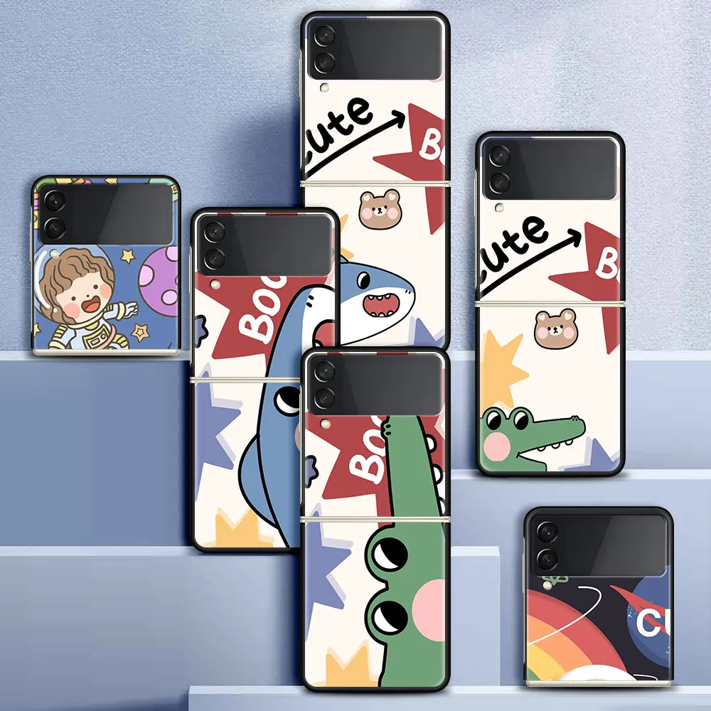 

Cute Bear Shark Couple Funda Case For Samsung Galaxy Z Flip 3 5G Luxury ZFlip3 Black PC Hard Shockproof Back Phone Coque Tampa