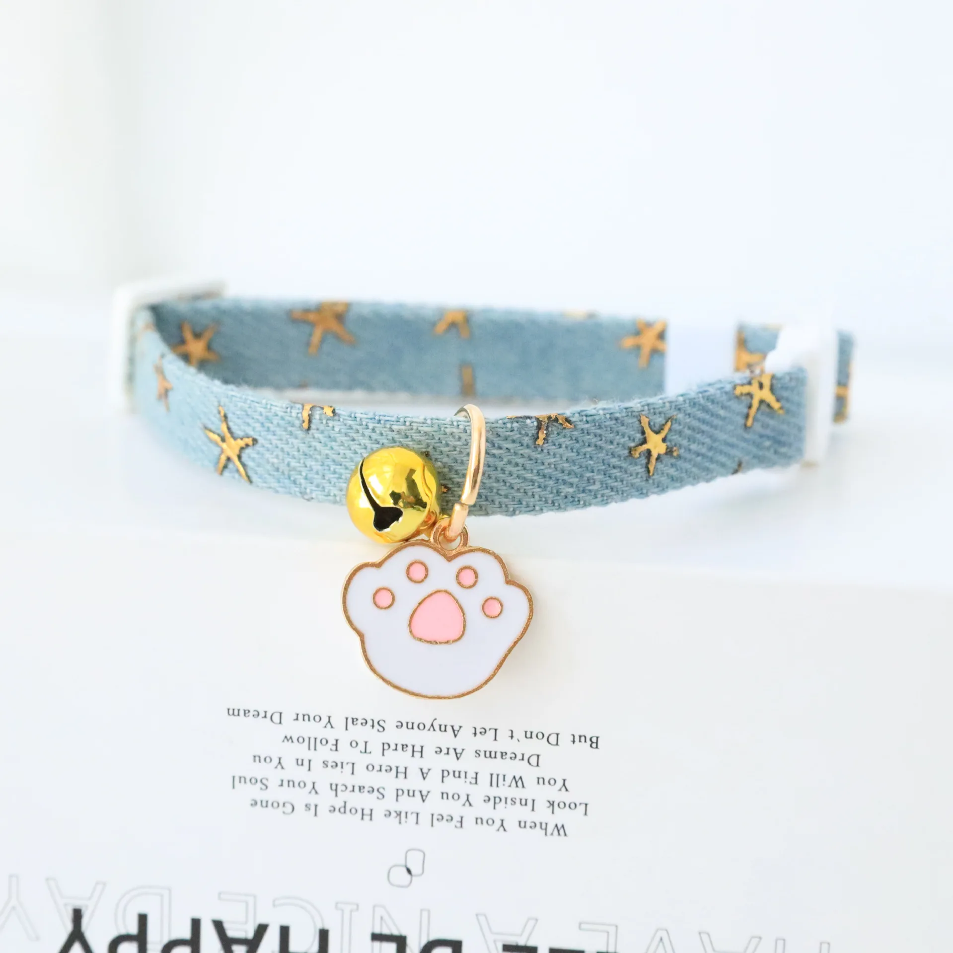 Pet Cats Collar With Bell Adjustable Kitten Puppy Colars Safety Buckle Cute Cat Paw Denim Material  Pet Dog Accessories S M Size