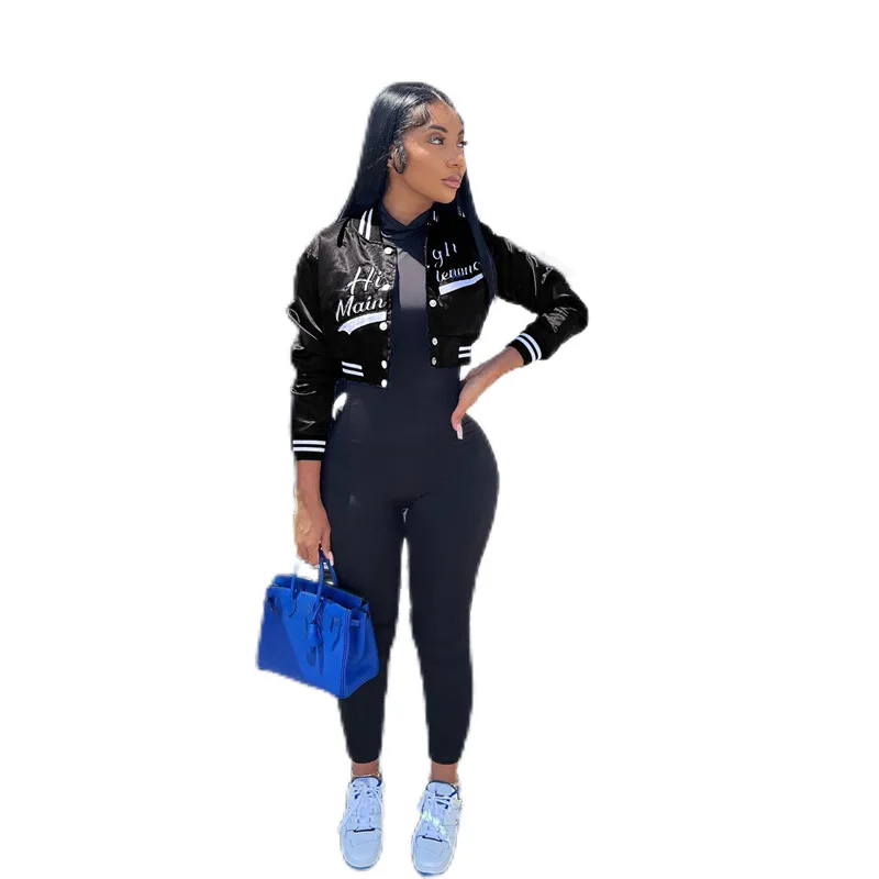 Женская короткая бейсбольная куртка с Вышивкой Букв повседневная облегающая