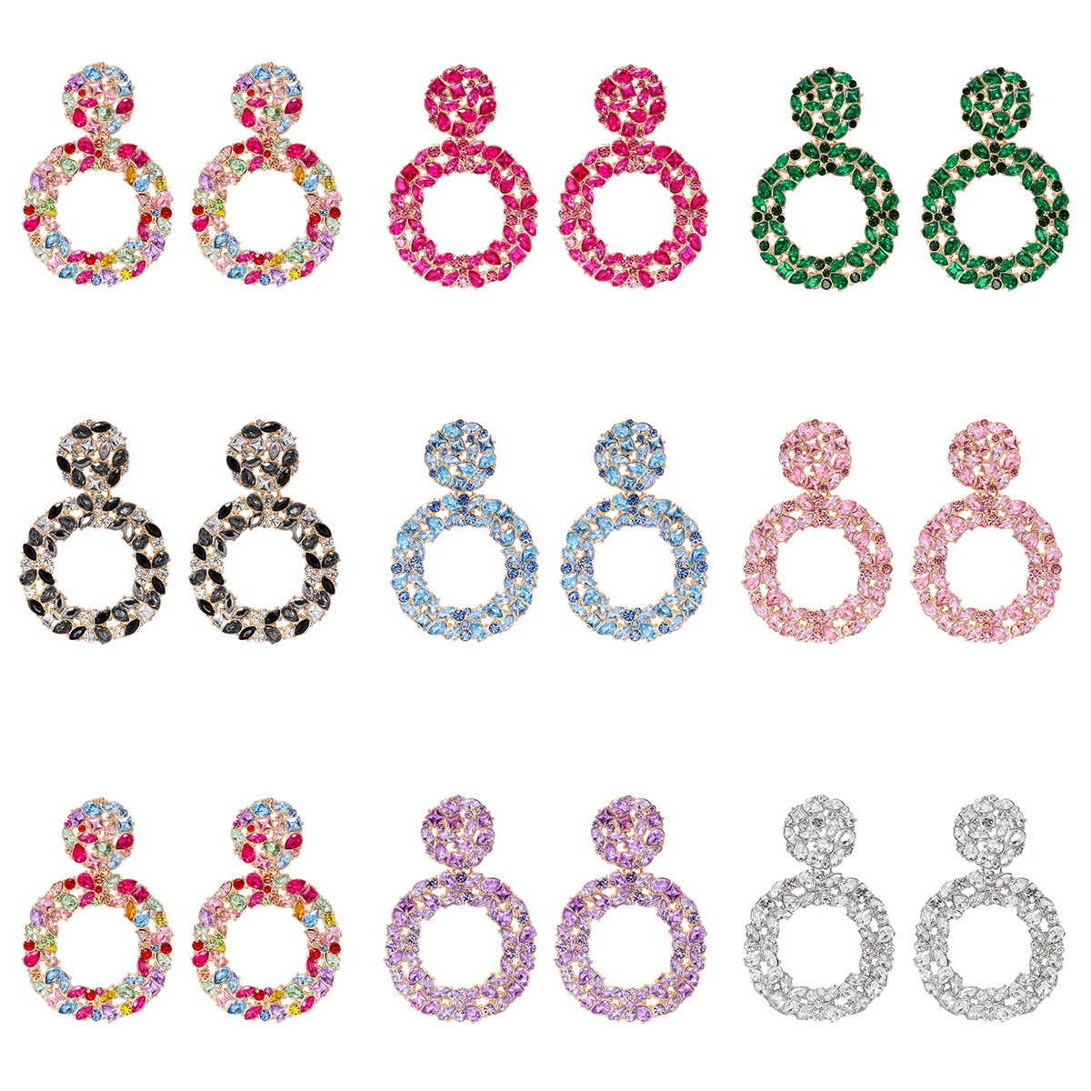 

Wholesale Multicolour Crystal Round Drop Earrings High Quality Metal Rhinestone Banquet Party Accessories for Women Trend Jewelr