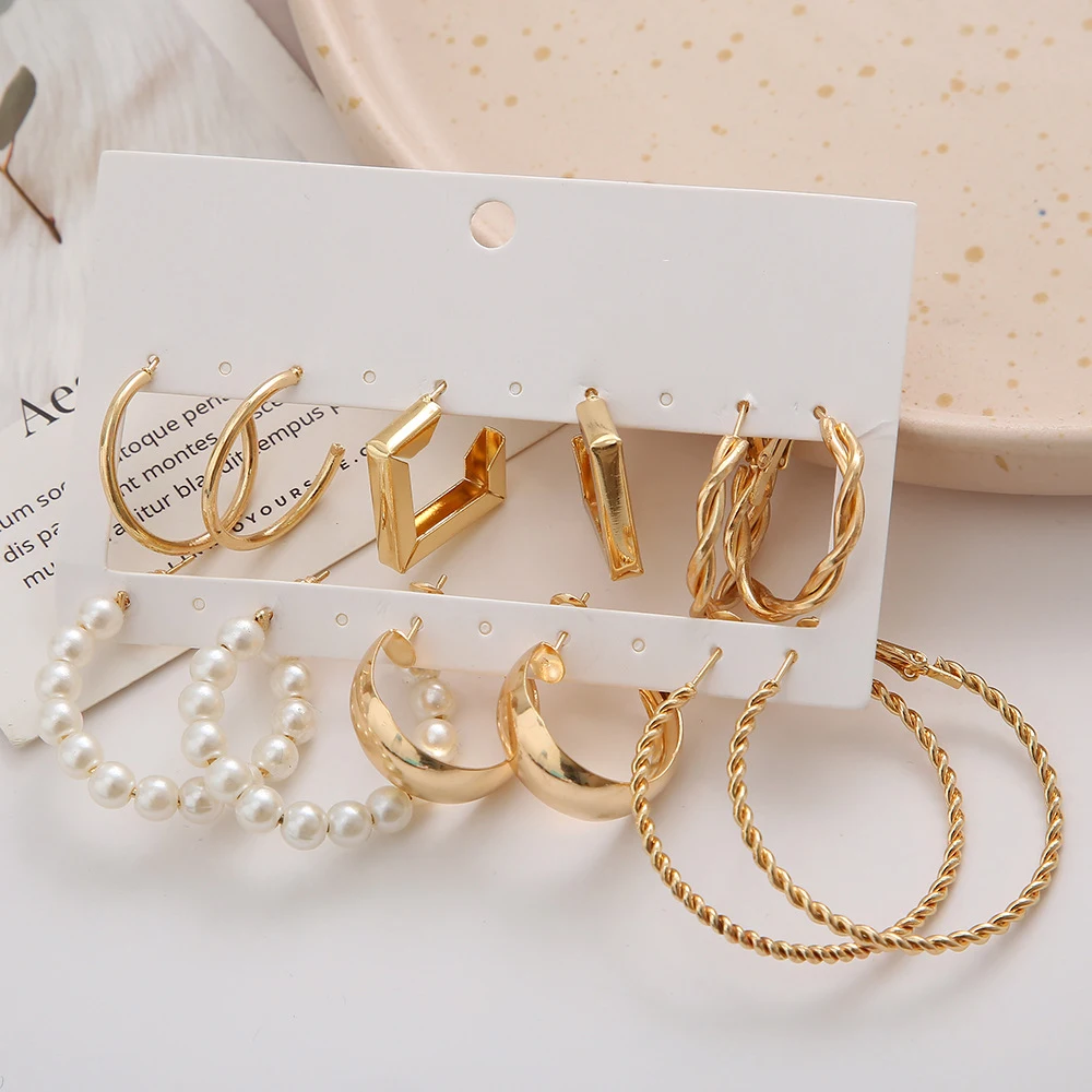 

Boho Gold Color Geometric Circle Hoop Earring Set Vintage Pearl Butterfly Drop Earring Women Star Heart Zircon Ear Studs Jewelry