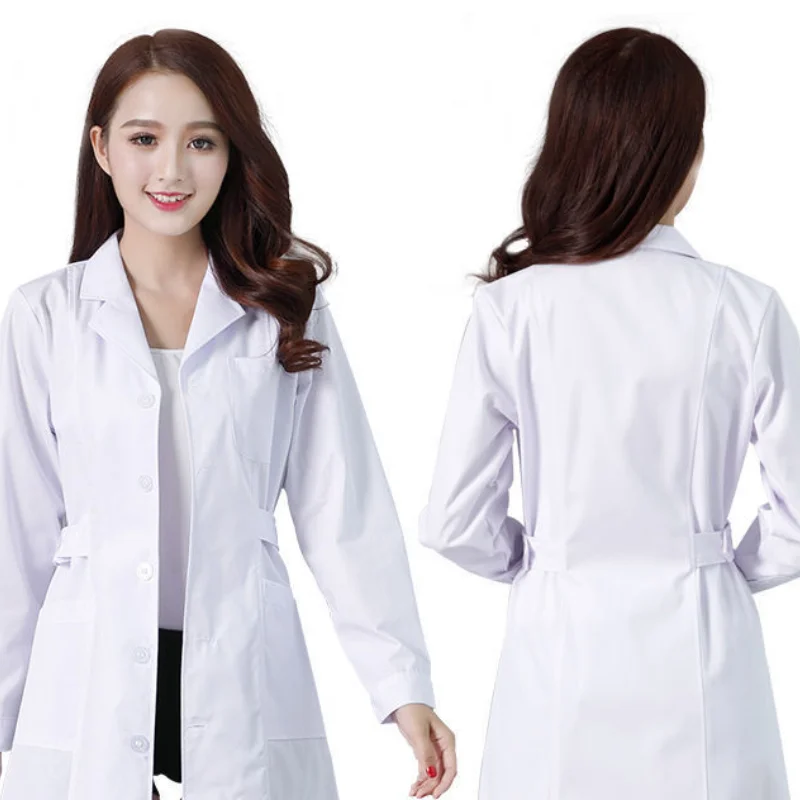 Women's Fashion Lab Coat Short Sleeve Doctor Nurse Dress Long Sleeve Medical Uniforms White Jacket Waist Belt images - 6