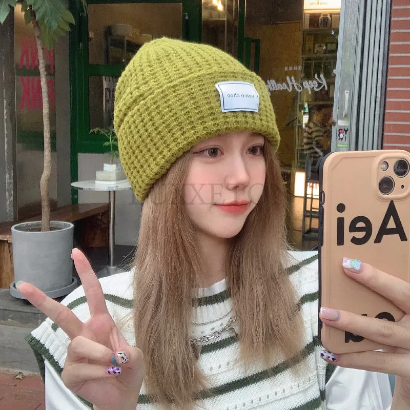 

Loose Big Head Knit Hat Unisex Mohair Wool Hat Patch Wild Face Small Warm Cold Hat Dome High Elasticity Hat Clothing Collocation