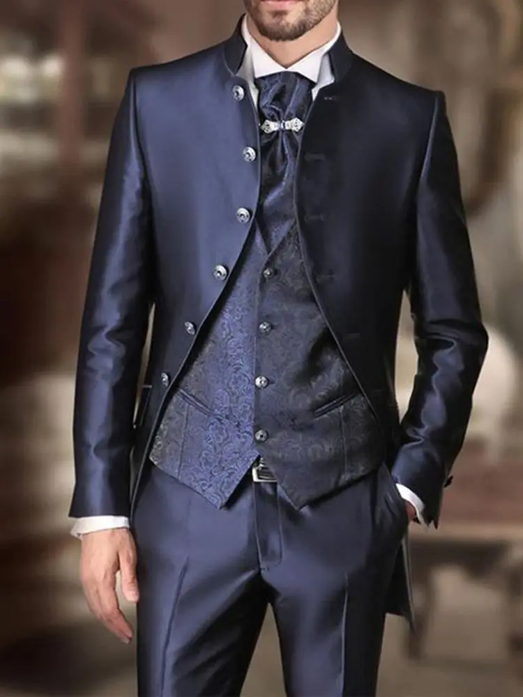 

Navy Blue Wedding Suits For Men with Stand Collar Jacquard Slim Fit Floral Waistcoat 3 Piece Jacket Pants Male Fashion Costume