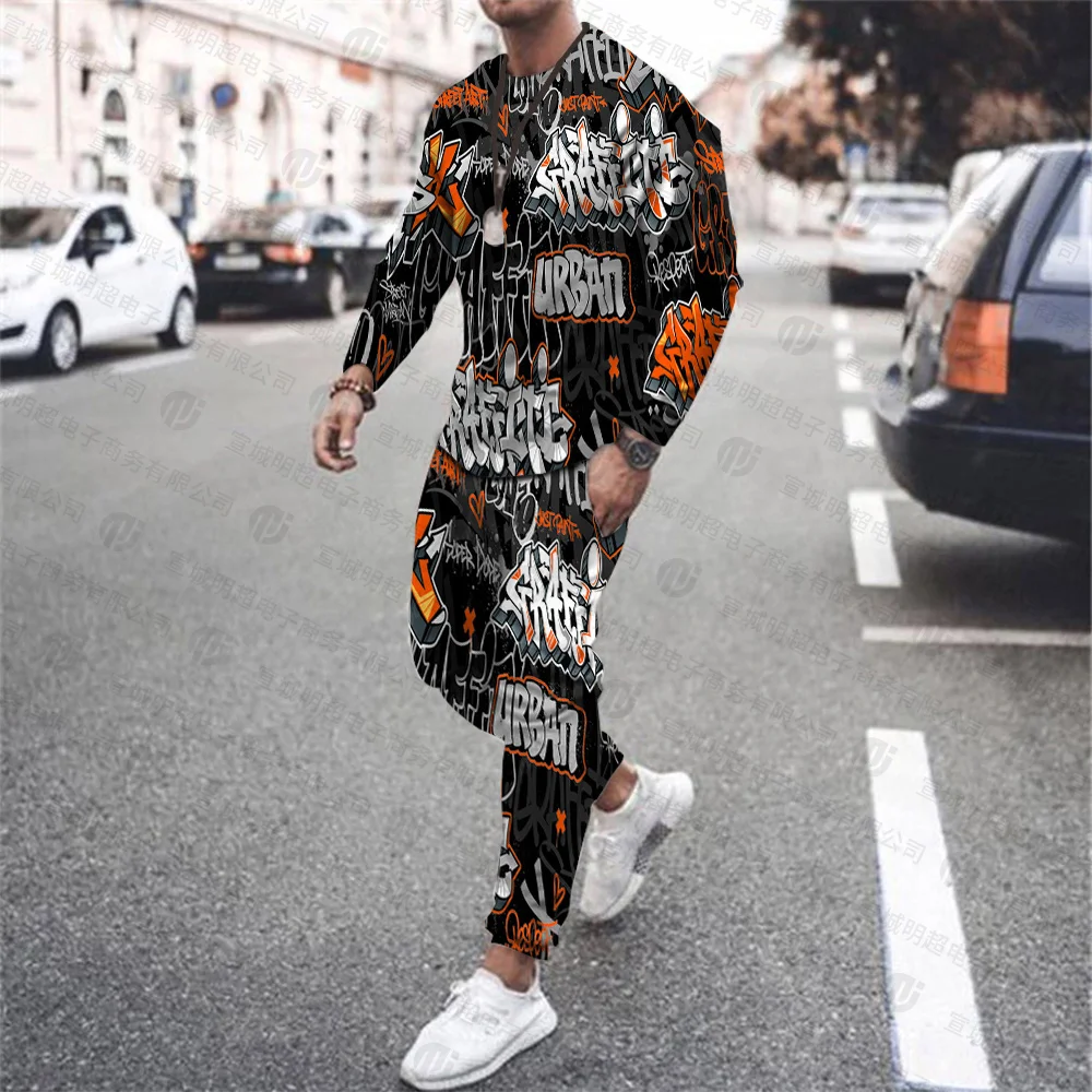

Autumn And Winter New Retro Graffiti 3D Printing Long Sleeves + Sports Trousers Casual Fashion Personality Two-Piece Set 6XL