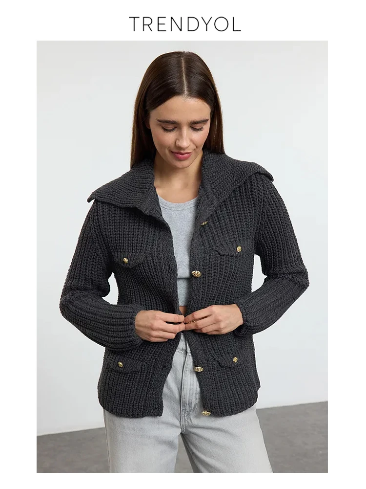 Trendyol TYZA женский кардиган повседневный стандартный крой трикотаж с отложным