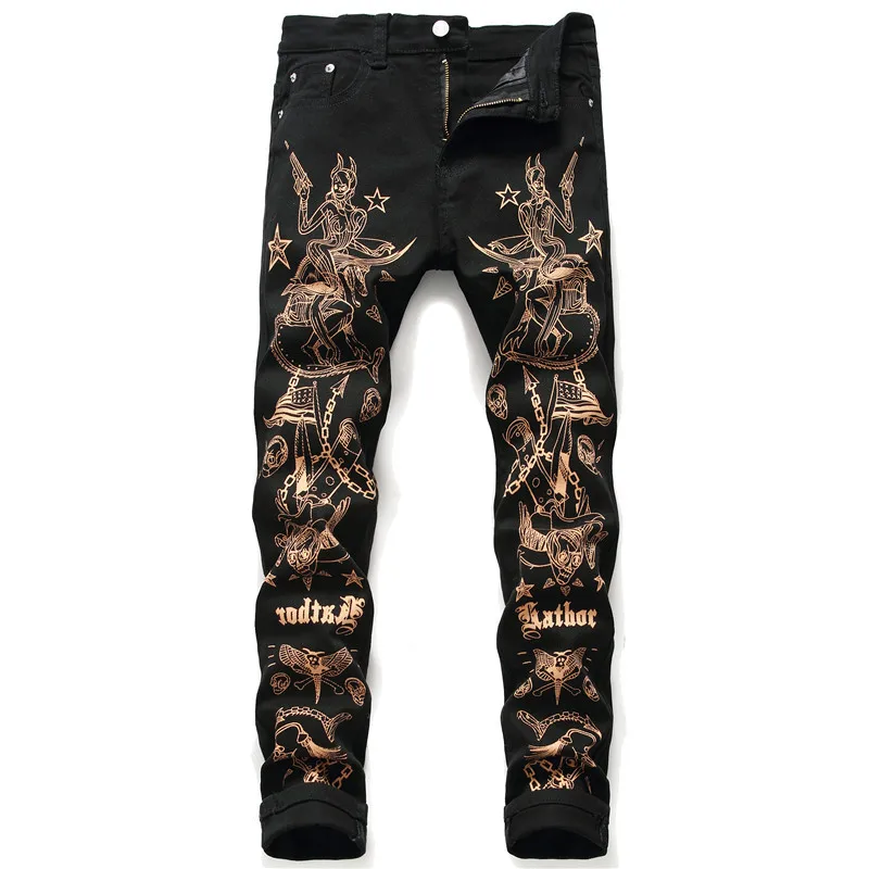 

2022 New Letter-Printed Black Badge Jeans Men's Straight Leg Fashion Slim Pants Nightclub Casual Pants Motorcycle Hip Hop Pants