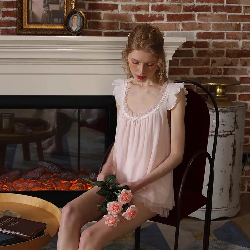 Roseheart Summer Pink Women's Sleep Nightwear Pajama Sets Sleepwear Suits Luxury Nightgown 2 Pieces Lace Bow Homewear Classical