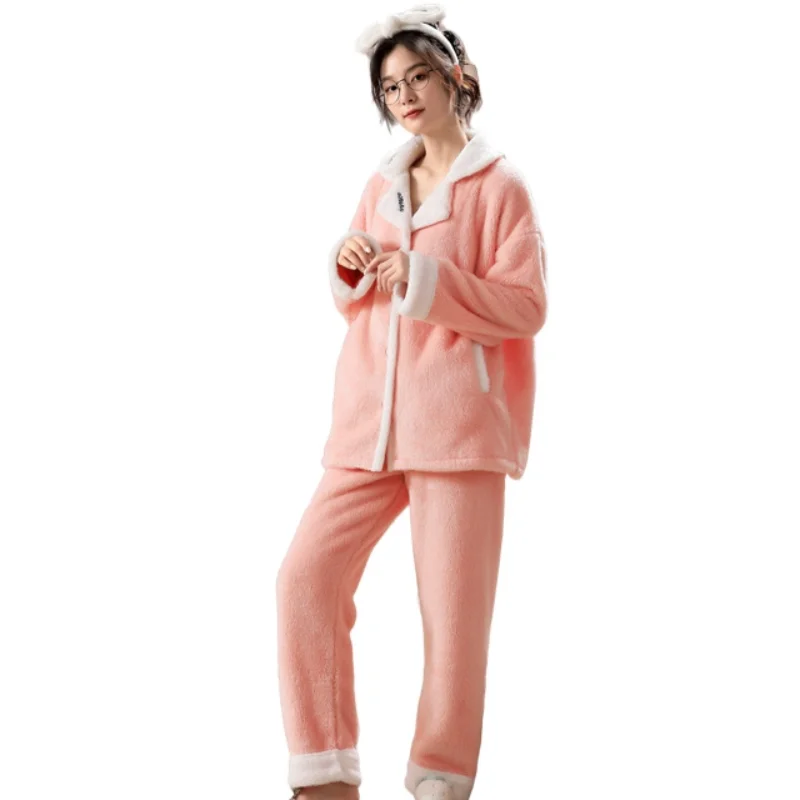 Coral Fleece Pajamas for Women Winter Korean Edition Trend Sweet Thick Flannel Lovely Home Dress Ladies Warm Loose Leisure Suit