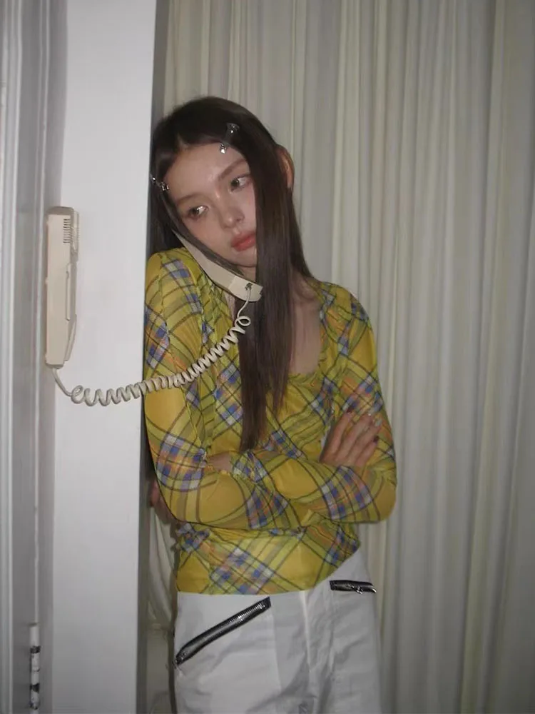 Женские пикантные сетчатые Прозрачные топы в желтую клетку Y2k модные укороченные