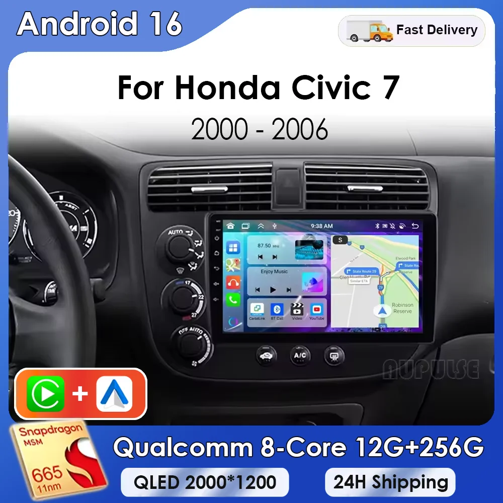 Фото Автомагнитола Carplay Auto Android 16 для Honda CIVIC 2000-2006 с GPS-навигацией, мультимедиа и видеоплеером (без 2DIN) №1