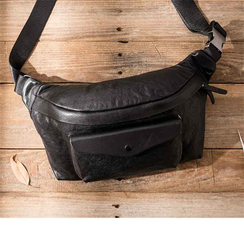 Simple casual designer first layer cowhide men's black large-capacity chest bag outdoor daily weekend real leather messenger bag
