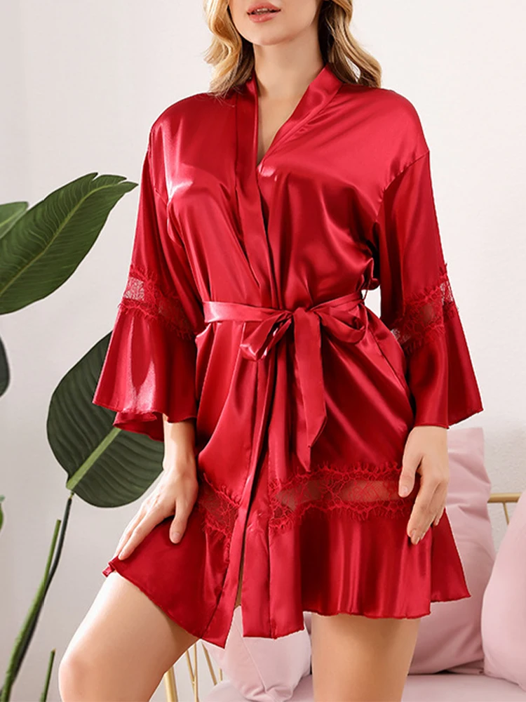 

Сексуальные кружевные шелковые атласные ночные рубашки в стиле пэчворк, женский халат для сна, соблазнительный ночной халат с глубоким V-об...