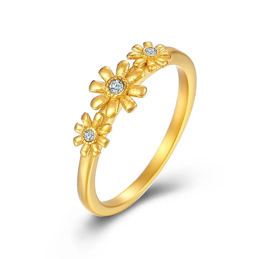 

Fashion Three Sun Flower Engagement Rings With AAA+ Cubic Zirconia Luxury Design Stainless Steel Jewelry For Women Anillos Mujer