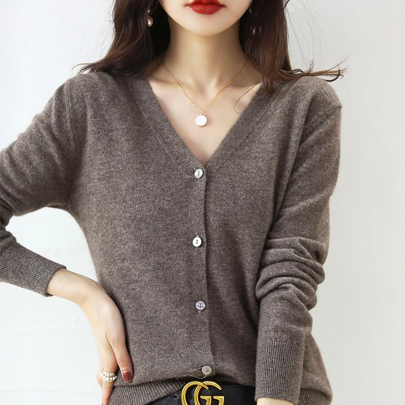 

Cashmere Women Cardigan V-Neck Sweater Spring Autumn Winter Female Long Sleeve Wool Knitted Solid Soft