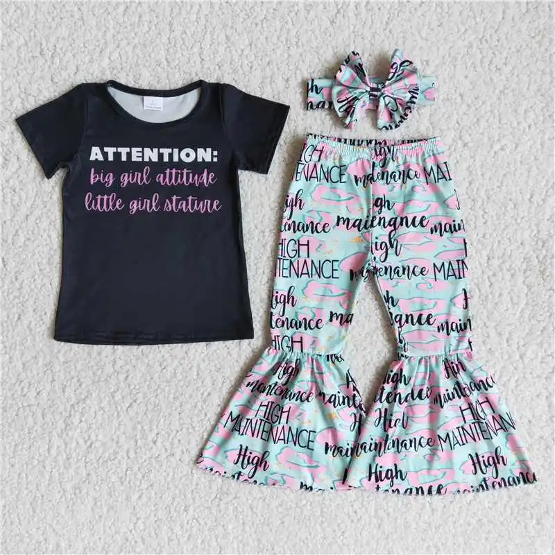 

Baby Girl Clothes Pink Letter Print Black Short Sleeve T-Shirt Top With Bell Pants Set Fall Outfits RTS Children Clothing