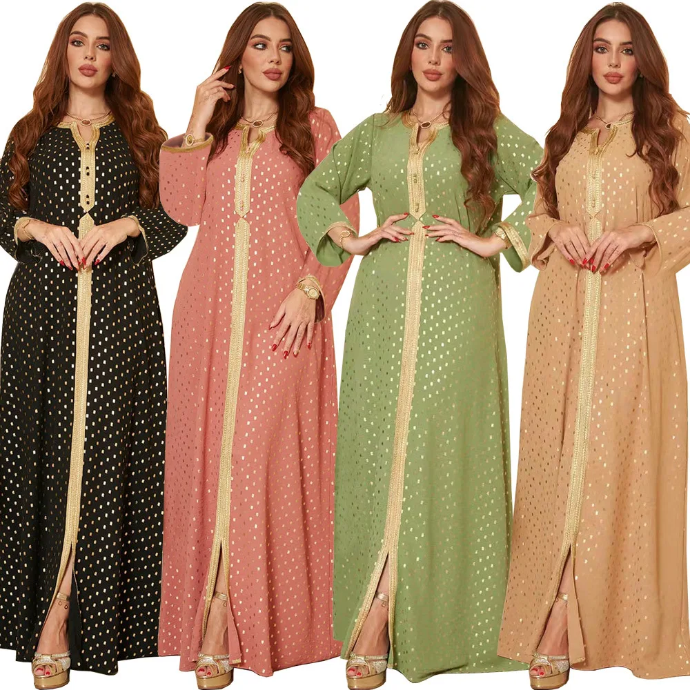 

Gold Stamping Jalabiya Kaftan Dress for Women Dubai Crinkled Crepe Fabric Casual Modest Robe Muslim Arab Moroccan Caftan Party