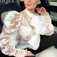elegant long sleeve top women white blouse mesh bow puff sleeve 2022 new fashion ladies tops vintage woman tshirts blusa mujer