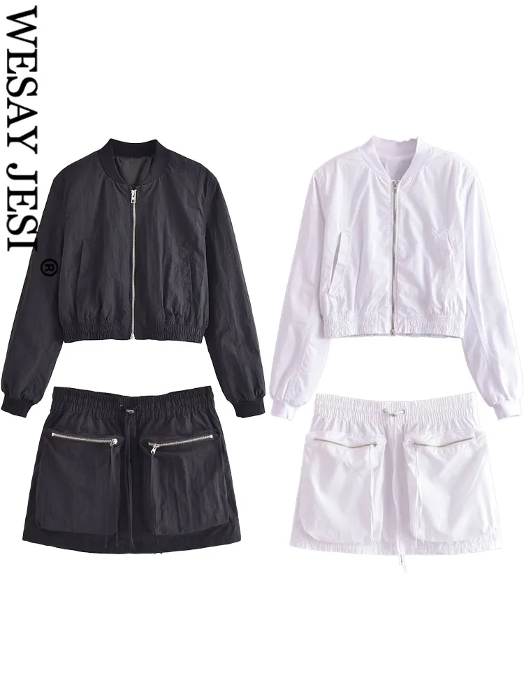 

WESAY JESI TRAF Женская Весенняя короткая куртка-бомбер + карманы на молнии эластичные брюки женские модные шикарные черно-белые костюмы