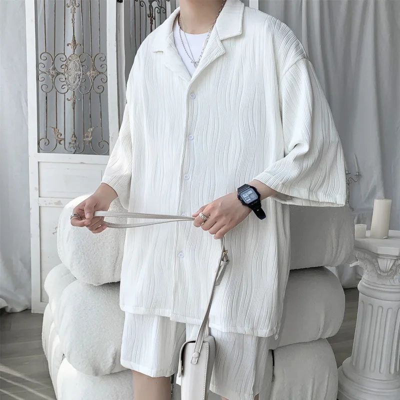 Summer Pleated Sets Men Fashion Casual Short-sleeved Shirt Shorts Two-piece Men Korean Loose Ice Silk Sets Mens Short Sets M-5XL