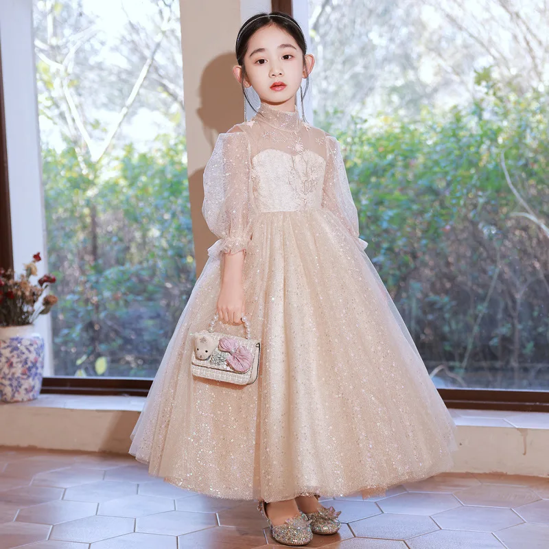 Temperament: Girls' Princess Skirt, New Children'S Long Sleeve Wedding Dress, Little Flower Girl, Foreign Style Piano Host Perfo