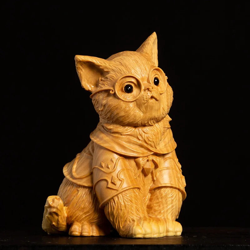 

Adorable Scholar Cat - Handcrafted Poplar Wood Carving, Unique Living Room Decor and Woodcraft Ornament