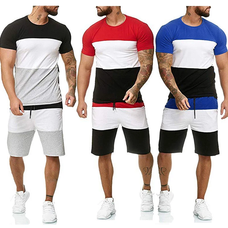 Men's Summer Sets Patchwork O-Neck Tracksuit Male New Fashion Casual Short Sleeves T-Shirt+Drawstring Shorts 2 Piece Sports Sets