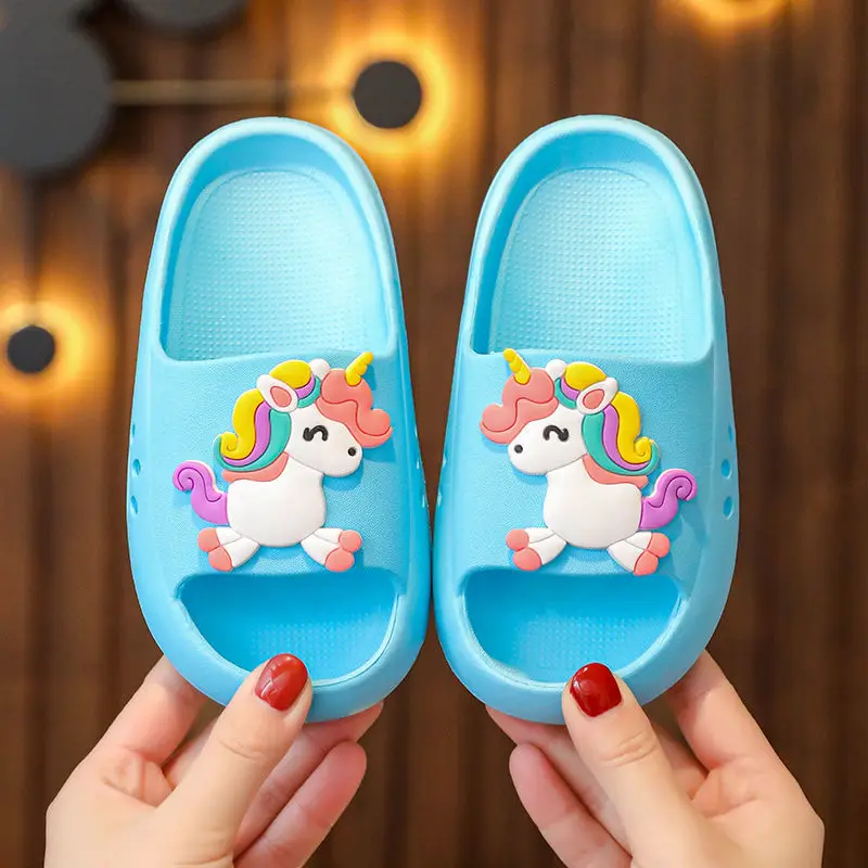 Шлепанцы для дома и пляжа сланцы с единорогом синие Тапочки детей родителей