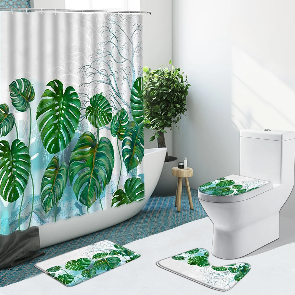 

Tropical Plant Palm Leaf Flower Flamingo Shower Curtain Fabric Bathroom Set Non-Slip Rugs Flannel Decor Toilet Carpet With Hooks