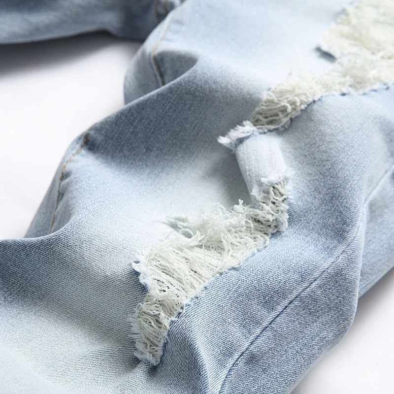 2023 Blue Ripped Denim Pants Chic Stretch Hole Ruined Small Foot Casual Mens Trend Casual Daily Long Jeans Four Season Clothes