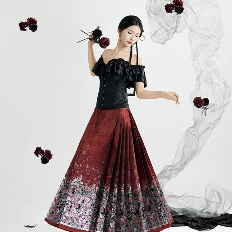 Юбка с изображением лошади плетеная золотая нить вышивка роза цветок ханьфу 2024