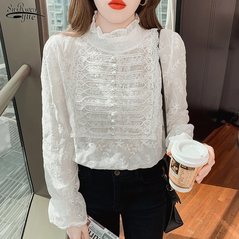 

2022 Spring Long Sleeve Lace Blouse Korean Style Stand Collar Beading Vintage Shirts Elegant White Women Tops Blusas Mujer 18870