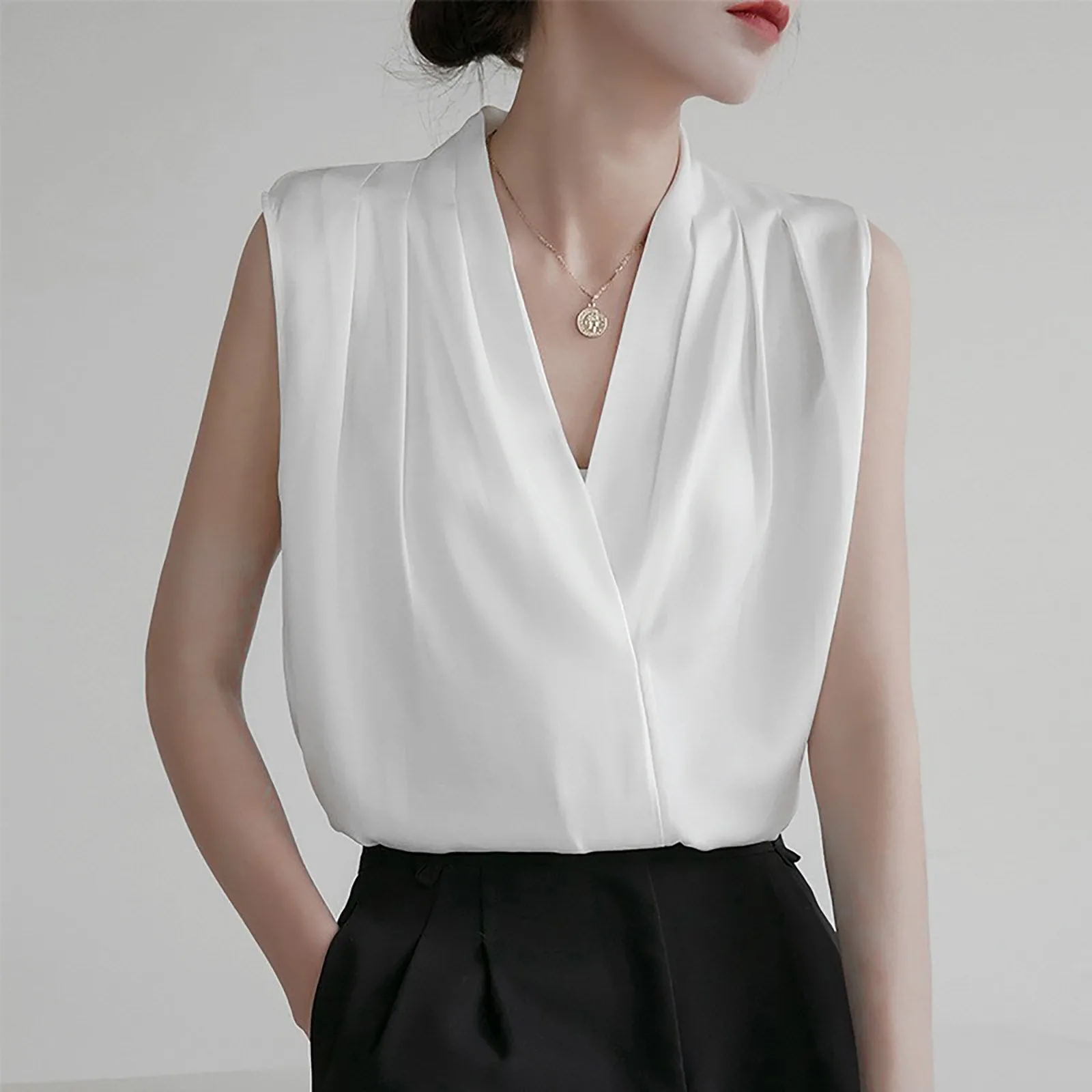 

Fashion Elegant Blouses For Women Summer Casual Shirt Lace V-Neck Sleeveless Shirt Vest Ol White Top Elegant Women Top Summer