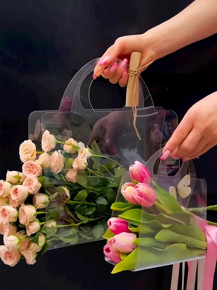 

Transparent PET Fresh Flower Bouquet of Flowers Wrapping Handbag Festivals Floriculture Package Party Gift Plastic Portable Bags