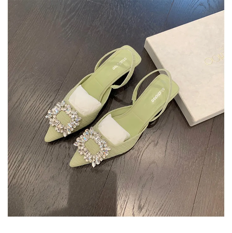 

2022 Summer New Fashion Sandals Women's Word With Pointed Toe Square Buckle Rhinestone Stiletto Toe Mid-heel Women's Sandals