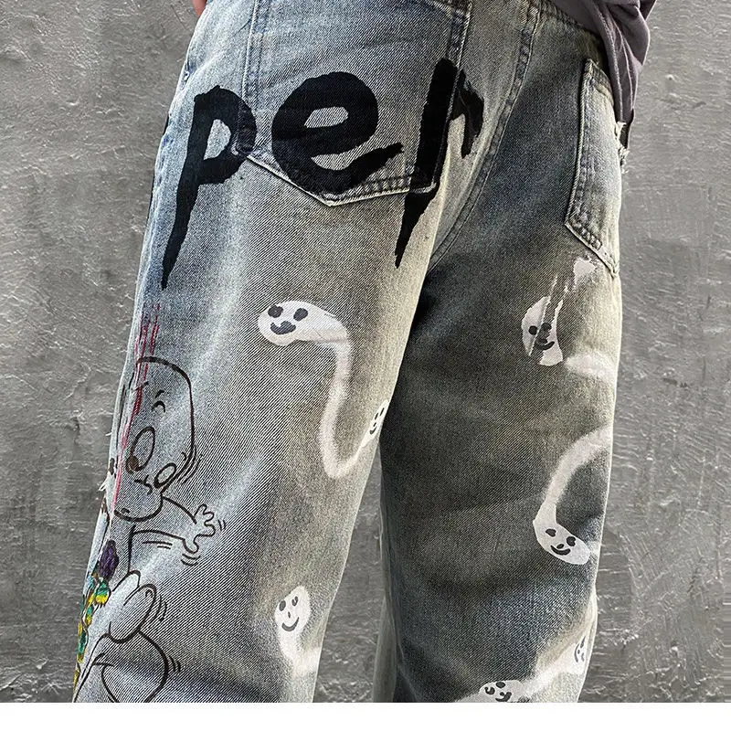 DEEPTOWN Ripped Graffiti Jeans Men Hip-hop Denim Pants Loose Straight Trousers Male All-match Streetwear Casual Fashion Blue