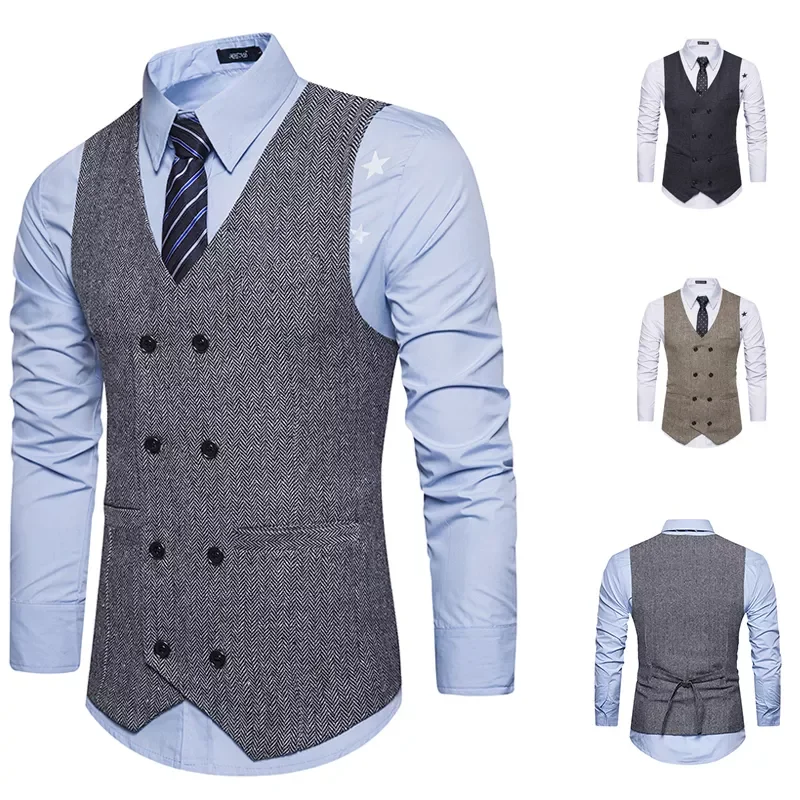 

Жилет мужской твидовый двубортный, Модный классический пиджак в стиле ретро, жилет с V-образным вырезом, пиджак для делового и свадебного ко...