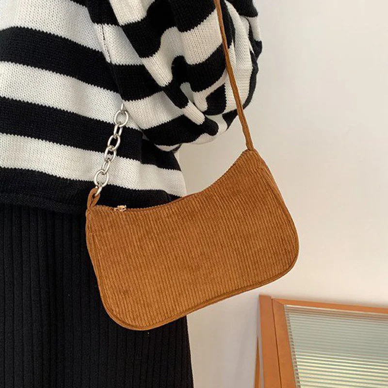 

2023 Women Shoulder Bags Ladies Solid Color Chain Handbag Exquisite Retro Corduroy Underarm Bag Female Handbag Shopping Bag