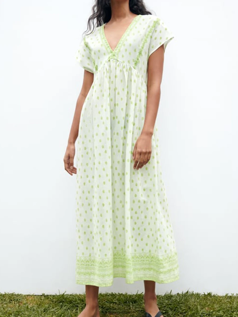 

Женское платье-миди с геометрическим принтом, плиссированное Повседневное платье с V-образным вырезом и коротким рукавом, с вышивкой, 2023