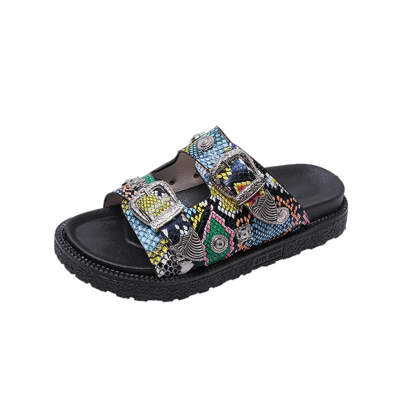 

Women Snake Print Gladiator Slippers Women Hollow Out Belt Buckle Nail Sandals Woman Summer Beach Non Slip Flat Sandalias Mujer