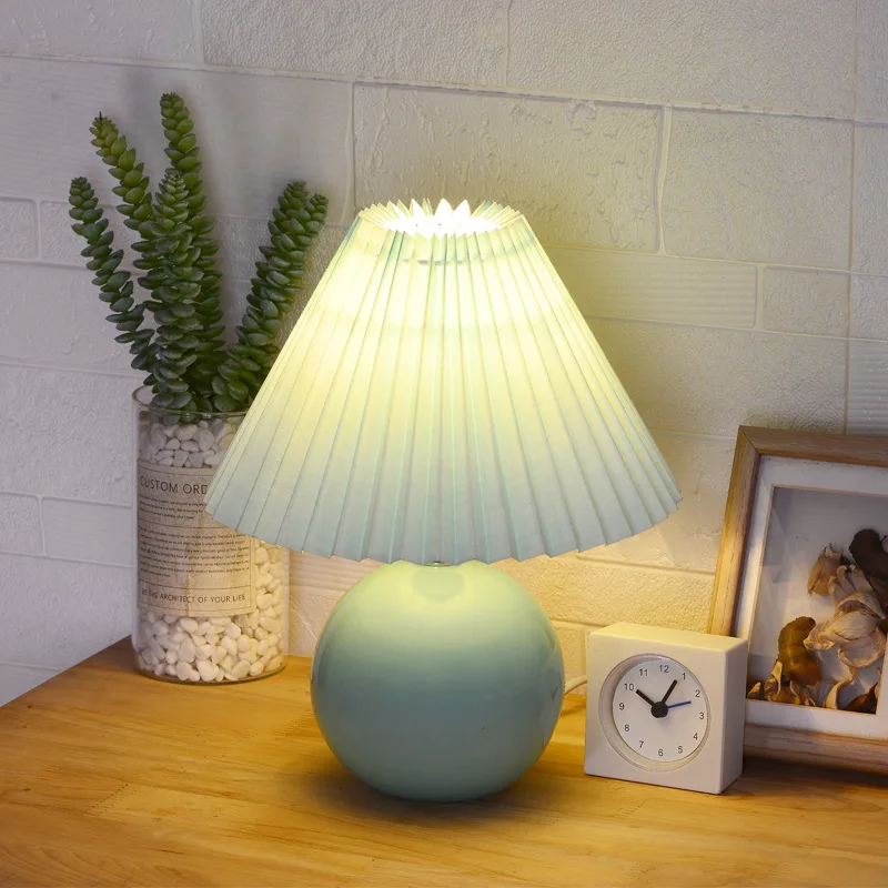 Retro Korean Style Pleated Table Lamp Bedroom Living Room NightLight LED Ceramic Base with Bulb Bedside Table Lamp Girl Gift USB
