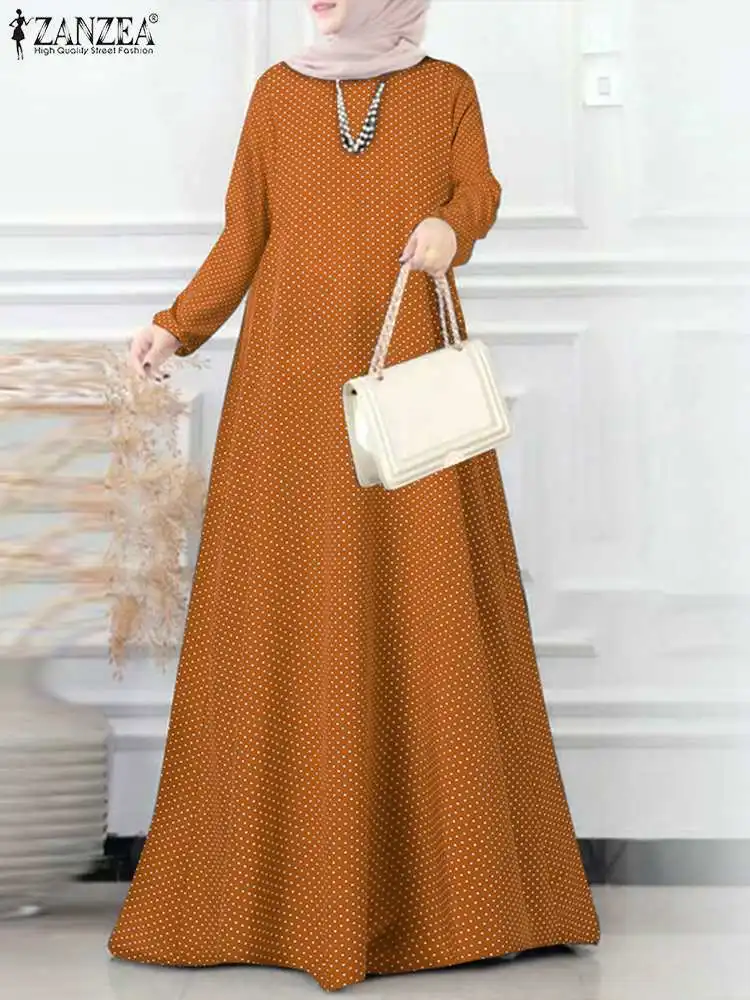 

ZANZEA Spring 2023 Polka Dots Printed Muslim Women Long Dress Long Sleeve O-Neck Sundress Bohemian Vestido Vintage Holiday Robe