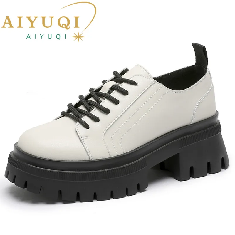 Купи AIYUQI Loafers Women Genuine Leather 2023 New Thick-soled Casual Women Shoes British Style White Lace-up Women High Heels Shoes за 2,659 рублей в магазине AliExpress